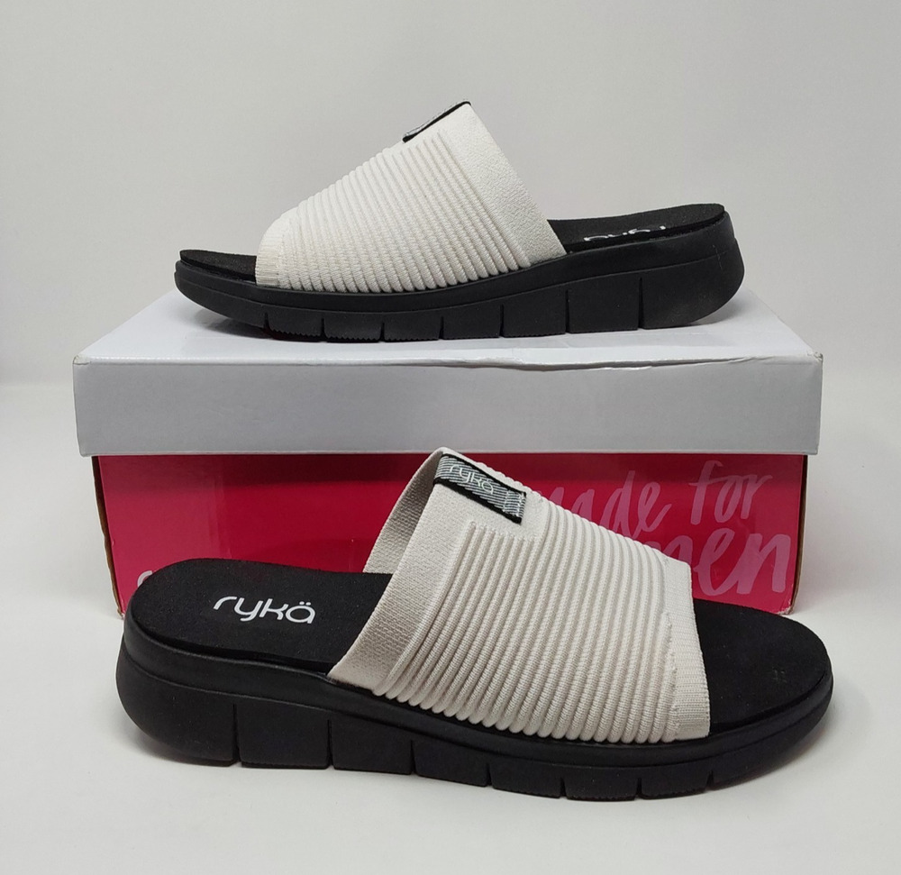 Ryka Epic Slide Womens 8M White Black Knit Comfort Sandals J3091F1100